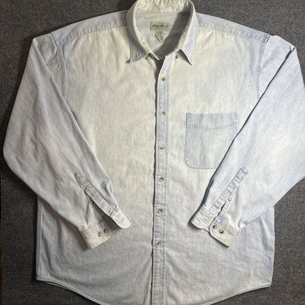 Mens Vintage Eddie Bauer Long Sleeve Button Down Medium Wash Soft Denim Shirt XL
